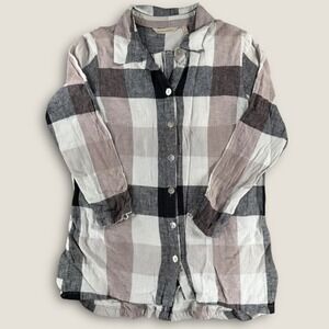 Soft Surroundings Tunic Top S Small Linen Blend Plaid Zip Back Split Hem Button